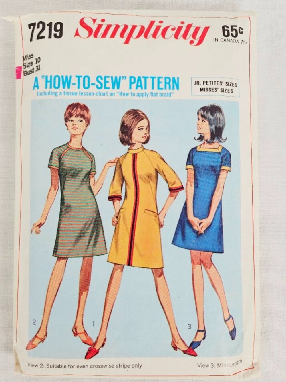 Vintage 1967 Simplicity 7219 A-Line Mini Dress Sewing Pattern Size 10 Complete